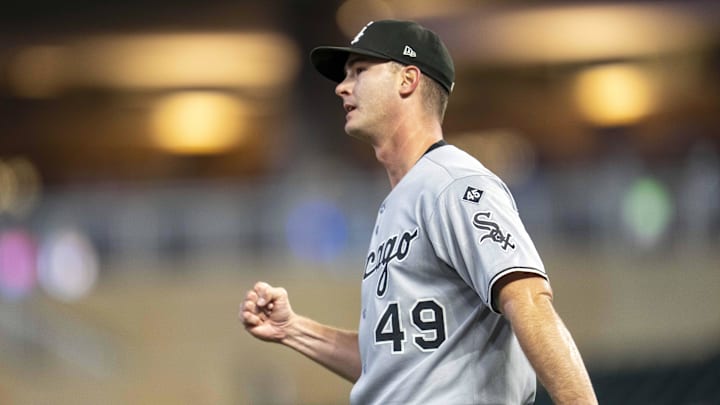 Sep 3, 2025; Minneapolis, Minnesota, USA; Chicago White Sox relief pitcher Jordan Leasure (49) reacts his after defeating the Minnesota Twins at Target Field. Mandatory Credit: Jesse Johnson-Imagn Images