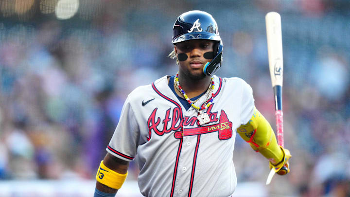 Aug 29, 2023; Denver, Colorado, USA; Atlanta Braves right fielder Ronald Acuna Jr. (13) on deck in