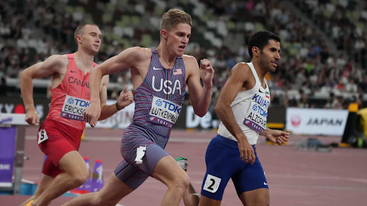 Cooper Lutkenhaus (USA) and Ebrahim Alzofairi (KUW) run in the men’s 800 meters qualifying during the World Athletics Championships at the National Stadium. Mandatory Credit: Kirby Lee-Imagn Images