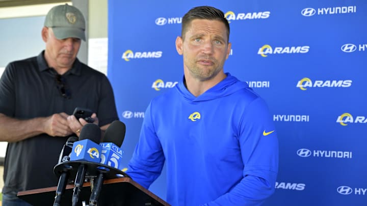 May 28, 2024; Thousand Oaks, CA, USA; Los Angeles Rams defensive coordinator Chris Shula speaks to the media following OTAs at the team training facility at California Lutheran University. Mandatory Credit: Jayne Kamin-Oncea-Imagn Images May 28, 2024; Thousand Oaks, CA, USA; Los Angeles Rams defensive coordinator Chris Shula speaks to the media following OTAs at the team training facility at California Lutheran University. Mandatory Credit: Jayne Kamin-Oncea-Imagn Images