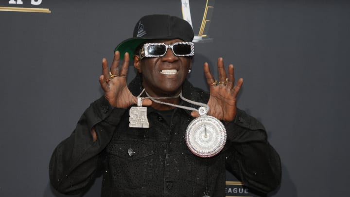 Feb 8, 2024; Las Vegas, NV, USA; Flavor Flav on the red carpet before the NFL Honors show at Resorts World Theatre. Mandatory Credit: Kirby Lee-USA TODAY Sports