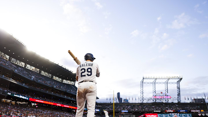 Seattle Mariners catcher Cal Raleigh (29) stands in the on deck circle during the eighth inning against the Boston Red Sox at T-Mobile Park on June 17. 