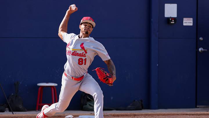 Feb 14, 2026; Jupiter, FL, USA; St. Louis Cardinals pitcher Hancel Rincon (81) pitches during a spring training workout at Roger Dean Chevrolet Stadium. Mandatory Credit: Sam Navarro-Imagn Images