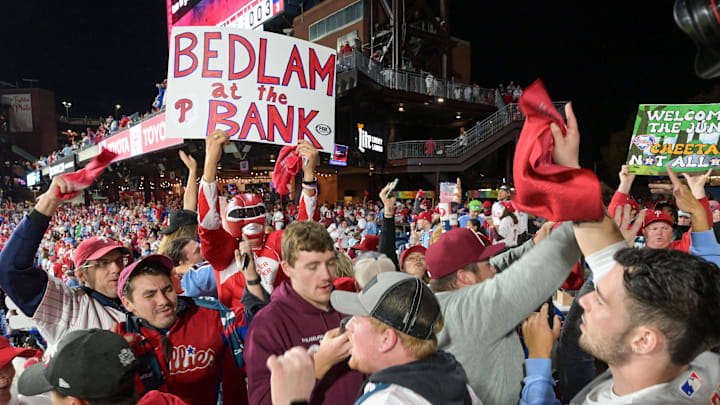 Philadelphia Phillies fans celebrate.