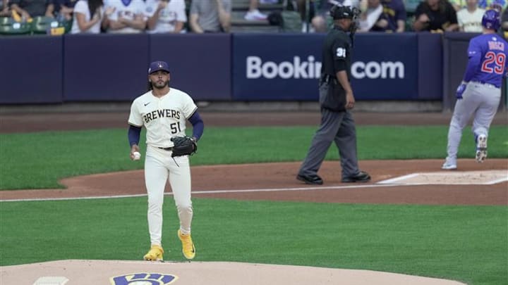 Milwaukee Brewers starting pitcher Freddy Peralta reacts after allowing a lead-off home run to Michael Busch in Game 1 of the playoff series against the Chicago Cubs on Saturday, Oct. 4, 2025, at American Family Field. Milwaukee Brewers starting pitcher Freddy Peralta reacts after allowing a lead-off home run to Michael Busch in Game 1 of the playoff series against the Chicago Cubs on Saturday, Oct. 4, 2025, at American Family Field.