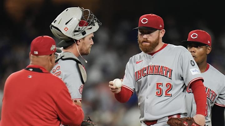 Cincinnati Reds pitcher Zack Littell is taken out of the game against the Dodgers in Game 2 of a National League wild card series game in Los Angeles on Oct. 1. Cincinnati Reds pitcher Zack Littell is taken out of the game against the Dodgers in Game 2 of a National League wild card series game in Los Angeles on Oct. 1.