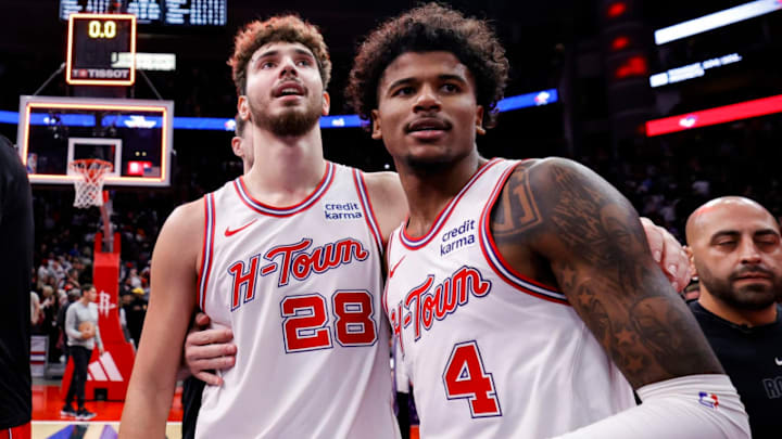 Nov 10, 2023; Houston, Texas, USA; Houston Rockets center Alperen Sengun (28) and Houston Rockets guard Jalen Green (4) after the game against the New Orleans Pelicans at Toyota Center. /Carmen Mandato/Getty Images Nov 10, 2023; Houston, Texas, USA; Houston Rockets center Alperen Sengun (28) and Houston Rockets guard Jalen Green (4) after the game against the New Orleans Pelicans at Toyota Center. /Carmen Mandato/Getty Images