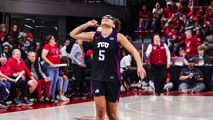 TCU Horned Frogs' guard Olivia Miles celebrates in the team's 69-59 victory over No. 10 NC State on Sunday, Nov. 16, 2025. TCU Horned Frogs' guard Olivia Miles celebrates in the team's 69-59 victory over No. 10 NC State on Sunday, Nov. 16, 2025.