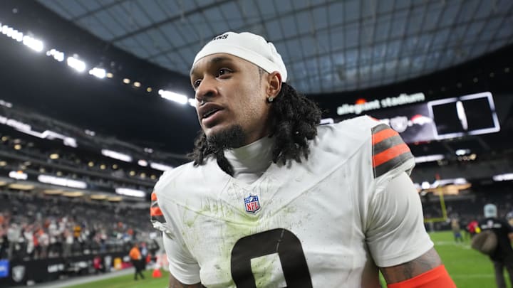Nov 23, 2025; Paradise, Nevada, USA; Cleveland Browns safety Grant Delpit (9) leaves the field after the game against the Las Vegas Raiders at Allegiant Stadium. Mandatory Credit: Kirby Lee-Imagn Images