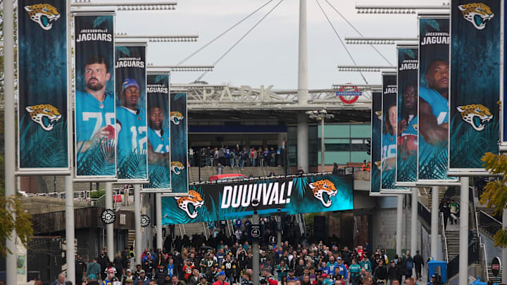 Oct 19, 2025; London, United Kingdom; A general overall view as fans arrive on Olympic way before a NFL International Series game between the Los Angeles Rams and the Jacksonville Jaguars at Wembley Stadium. Mandatory Credit: Kirby Lee-Imagn Images Oct 19, 2025; London, United Kingdom; A general overall view as fans arrive on Olympic way before a NFL International Series game between the Los Angeles Rams and the Jacksonville Jaguars at Wembley Stadium. Mandatory Credit: Kirby Lee-Imagn Images