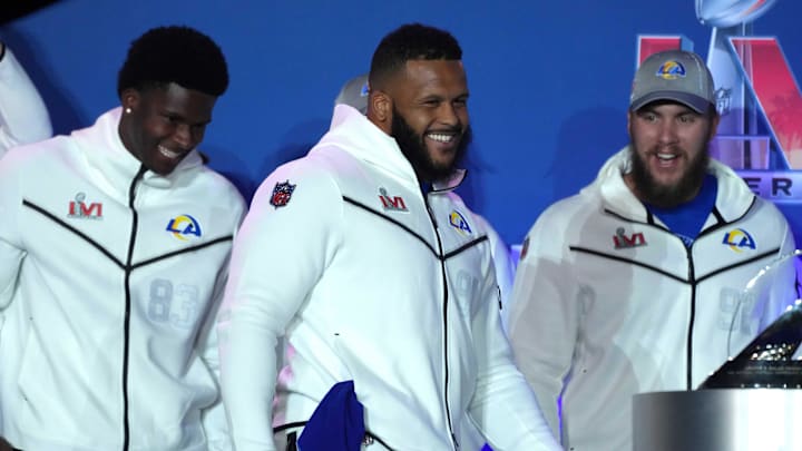 Feb 7, 2022; Westlake Village, CA, USA; Los Angeles Rams defensive end Aaron Donald during Super