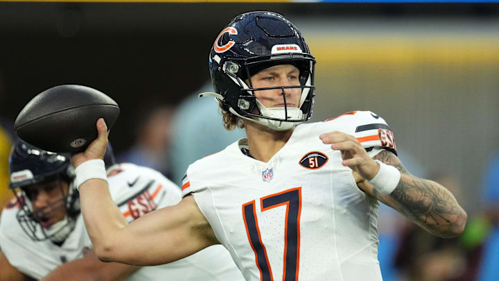 Oct 29, 2023; Inglewood, California, USA; Chicago Bears quarterback Tyson Bagent (17) throws the