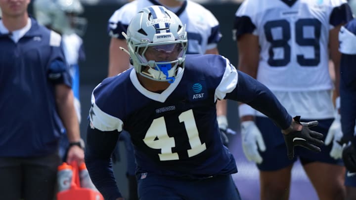 Jul 22, 2025; Oxnard, CA, USA; Dallas Cowboys defensive end Donovan Ezeiruaku (41) during training camp at the River Ridge Fields. Mandatory Credit: Kirby Lee-Imagn Images