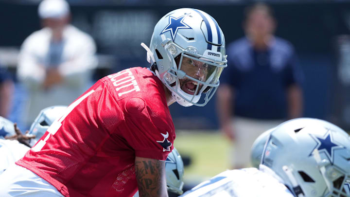 Jul 26, 2025; Oxnard, CA, USA; Dallas Cowboys quarterback Dak Prescott (4) takes the snap at training camp at the River Ridge Fields. Mandatory Credit: Kirby Lee-Imagn Images