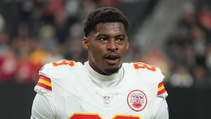 Oct 27, 2024; Paradise, Nevada, USA; Kansas City Chiefs tight end Jody Fortson (89) reacts in the first half against the Las Vegas Raiders at Allegiant Stadium. Mandatory Credit: Kirby Lee-Imagn Images Oct 27, 2024; Paradise, Nevada, USA; Kansas City Chiefs tight end Jody Fortson (89) reacts in the first half against the Las Vegas Raiders at Allegiant Stadium. Mandatory Credit: Kirby Lee-Imagn Images