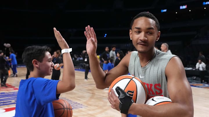 Nov 8, 2023; Mexico City, Mexico; Atlanta Hawks guard Kobe Bufkin interacts with a participant