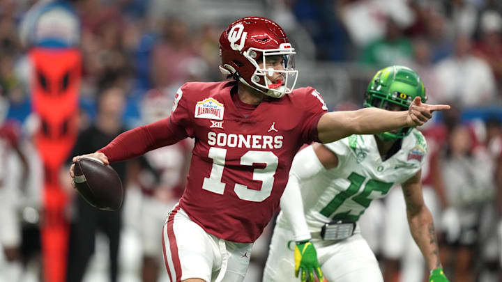 Dec 29, 2021; San Antonio, Texas, USA; Oklahoma Sooners quarterback Caleb Williams (13) is expected to e sought after hard by USC football.