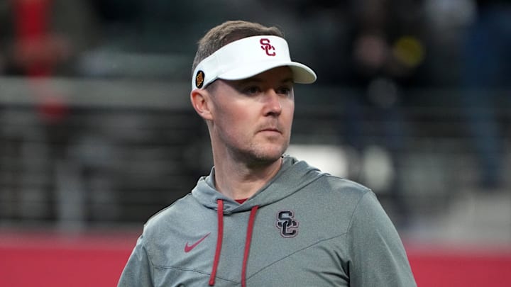 Dec 2, 2022; Las Vegas, NV, USA; Southern California Trojans head coach Lincoln Riley reacts in the