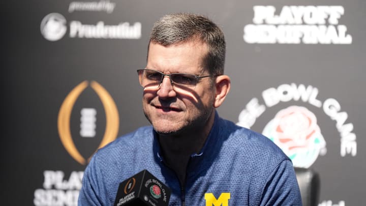 Dec 30, 2023; Pasadena, CA, USA; Michigan Wolverines head coach Jim Harbaugh during Rose Bowl media