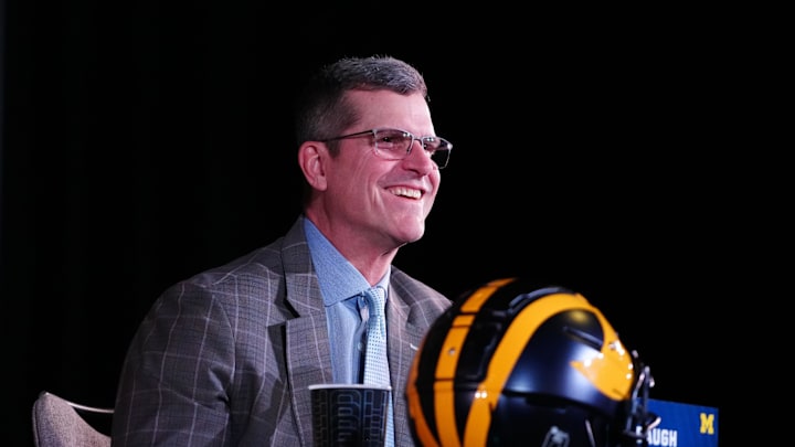Jan 7, 2024; Houston, TX, USA; Michigan Wolverines coach Jim Harbaugh at the CFP National