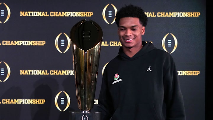 Jan 9, 2024; Houston, TX, USA; Michigan Wolverines cornerback Will Johnson poses with College