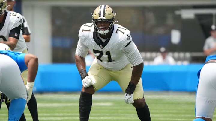 Aug 10, 2025; Inglewood, California, USA; New Orleans Saints offensive tackle Kelvin Banks Jr. (71) against the Los Angeles Chargers in the first half at SoFi Stadium. Mandatory Credit: Kirby Lee-Imagn Images