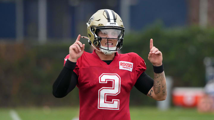 Aug 14, 2025; Carson, CA, USA; New Orleans Saints quarterback Spencer Rattler (2) during a joint practice against the Los Angeles Rams at the Dignity Health Sports Park. Mandatory Credit: Kirby Lee-Imagn Images