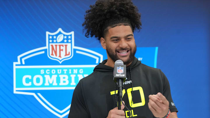 Feb 27, 2025; Indianapolis, IN, USA; Ohio State defensive lineman J.T. Tuimoloau (DL70) during the 2025 NFL Scouting Combine at the Indiana Convention Center. Mandatory Credit: Kirby Lee-Imagn Images