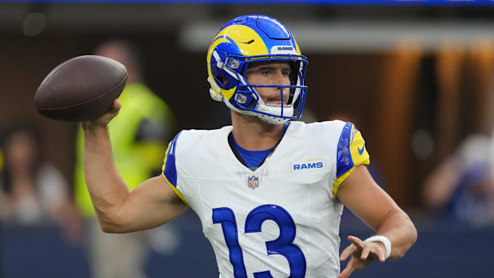 Aug 16, 2025; Inglewood, California, USA; Los Angeles Rams quarterback Stetson Bennett IV (13) throws in the second half against the Los Angeles Chargers at SoFi Stadium. Mandatory Credit: Kirby Lee-Imagn Images