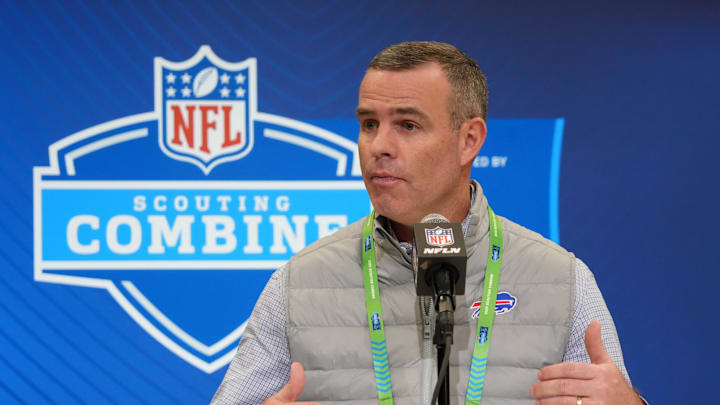 Feb 25, 2025; Indianapolis, IN, USA; Buffalo Bills general manager Brandon Beane speaks during the NFL Scouting Combine at the Indiana Convention Center. Mandatory Credit: Kirby Lee-Imagn Images Feb 25, 2025; Indianapolis, IN, USA; Buffalo Bills general manager Brandon Beane speaks during the NFL Scouting Combine at the Indiana Convention Center. Mandatory Credit: Kirby Lee-Imagn Images