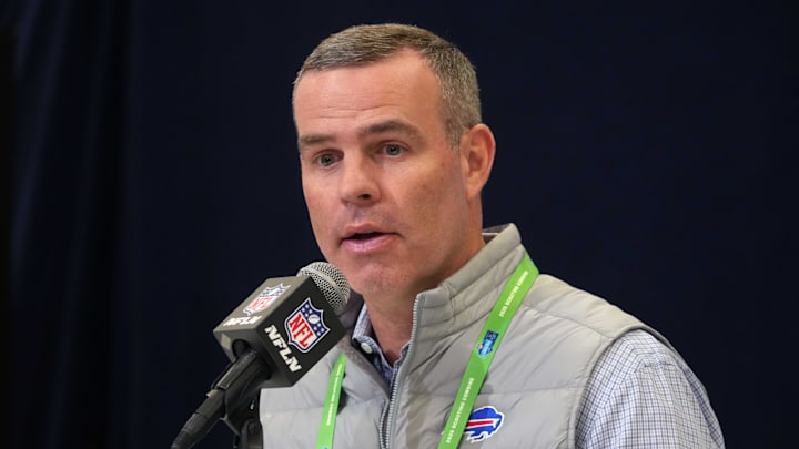Feb 25, 2025; Indianapolis, IN, USA; Buffalo Bills general manager Brandon Beane speaks during the NFL Scouting Combine at the Indiana Convention Center. Mandatory Credit: Kirby Lee-Imagn Images