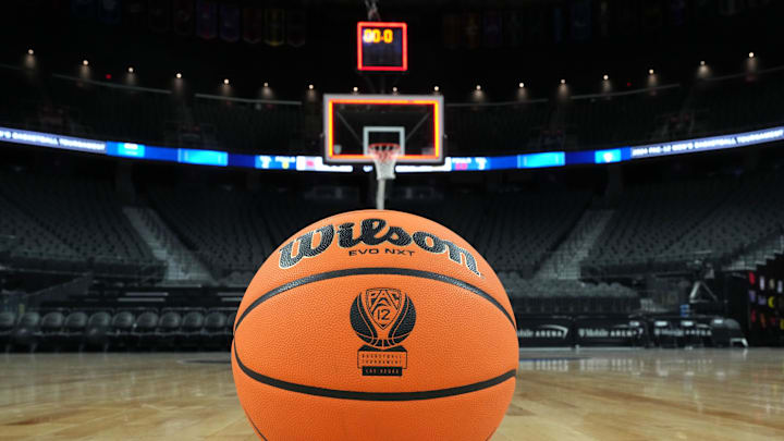 Mar 15, 2024; Las Vegas, NV, USA; A NCAA Wilson evo NXT official game basketball with the Pac-12.