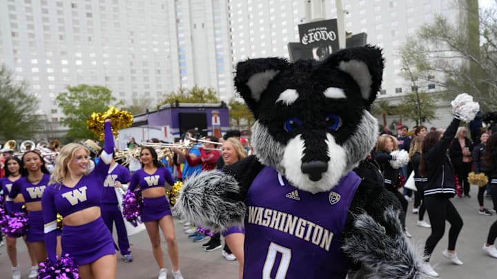 Mar 14, 2024; Las Vegas, NV, USA; Washington Huskies mascot Harry the Husky at a pep rally at T-Mobile Arena. Mandatory Credit: Kirby Lee-Imagn Images