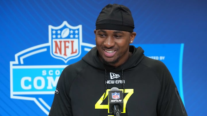 Feb 27, 2025; Indianapolis, IN, USA; Boston College defensive lineman Donovan Ezeiruaku (DL47) during the 2025 NFL Scouting Combine at the Indiana Convention Center. Mandatory Credit: Kirby Lee-Imagn Images