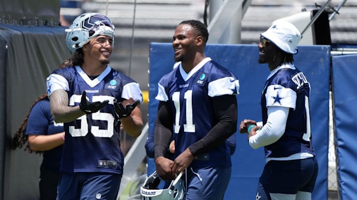Jul 22, 2025; Oxnard, CA, USA; Dallas Cowboys linebacker 
Marist Liufau (35), defensive end Micah Parsons (11) and linebacker DeMarvion Overshown (0) during training camp at the River Ridge Fields. Mandatory Credit: Kirby Lee-Imagn Images