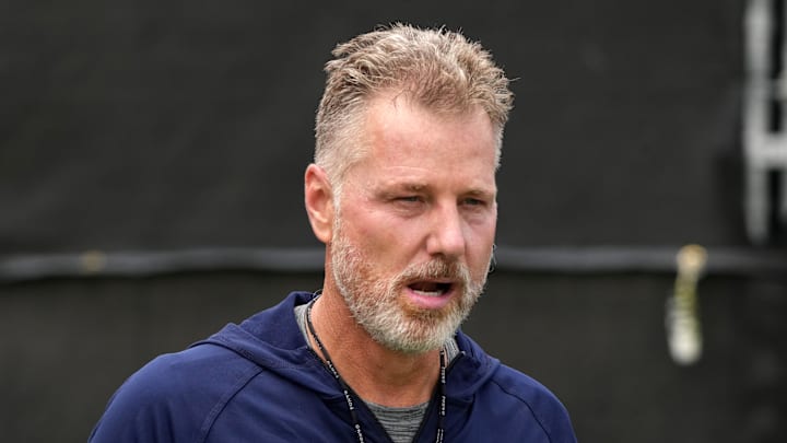 Jul 22, 2025; Oxnard, CA, USA; Dallas Cowboys defensive coordinator Matt Eberflus during training camp at the River Ridge Fields. Mandatory Credit: Kirby Lee-Imagn Images