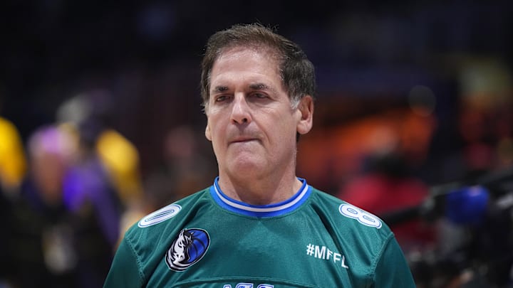Jan 17, 2024; Los Angeles, California, USA; Dallas Mavericks owner Mark Cuban watches against the Los Angeles Lakers in the second half at Crypto.com Arena. Mandatory Credit: Kirby Lee-Imagn Images