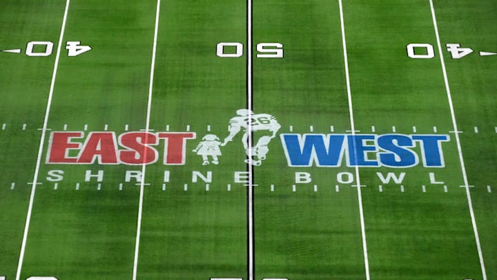Feb 3, 2022; Las Vegas, NV, USA; A detailed view of the East-West Shrine Bowl logo at midfield at