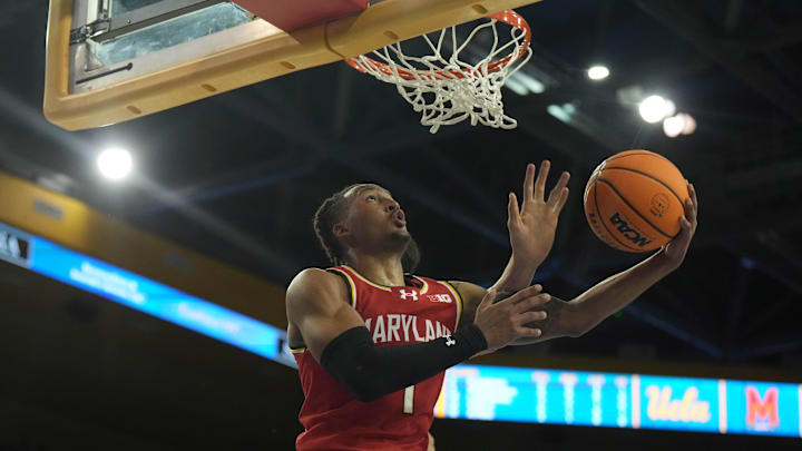 Dec 22, 2023; Los Angeles, California, USA; Maryland Terrapins guard Jahmir Young (1) shoots the