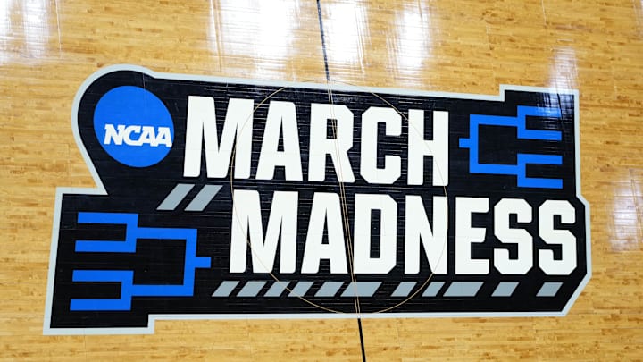 Mar 17, 2022; San Diego, CA, USA; A general view of the March Madness logo at center court before