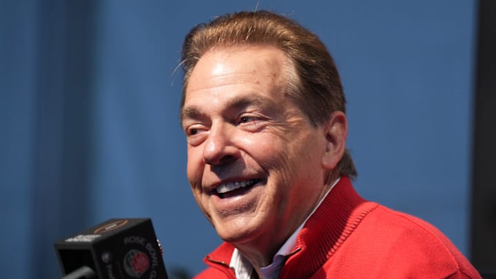 Dec 30, 2023; Pasadena, CA, USA; Alabama Crimson Tide head coach Nick Saban during Rose Bowl media day at Rose Bowl Stadium. Mandatory Credit: Kirby Lee-Imagn Images