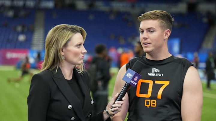 Mar 1, 2025; Indianapolis, IN, USA; NFL Network reporter Stacey Dales (left) interviews Ohio State quarterback Will Howard (QB07) during the 2025 NFL Scouting Combine at Lucas Oil Stadium. Mandatory Credit: Kirby Lee-Imagn Images
