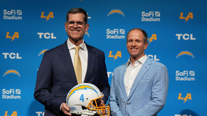 Feb 1, 2024; Inglewood, CA, USA; Los Angeles Chargers coach Jim Harbaugh (left) poses with president
