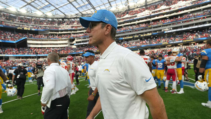 Sep 29, 2024; Inglewood, California, USA; Los Angeles Chargers coach Jim Harbaugh leaves the  field after the game against the Kansas City Chiefs at SoFi Stadium. Mandatory Credit: Kirby Lee-Imagn Images