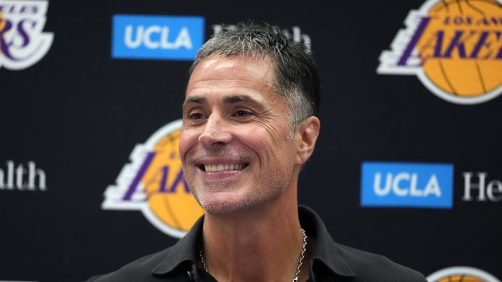 Sep 25, 2024; El Segundo, CA, USA; Los Angeles Lakers general manager Rob Pelinka at press conference at UCLA Health Training Center. Mandatory Credit: Kirby Lee-Imagn Images