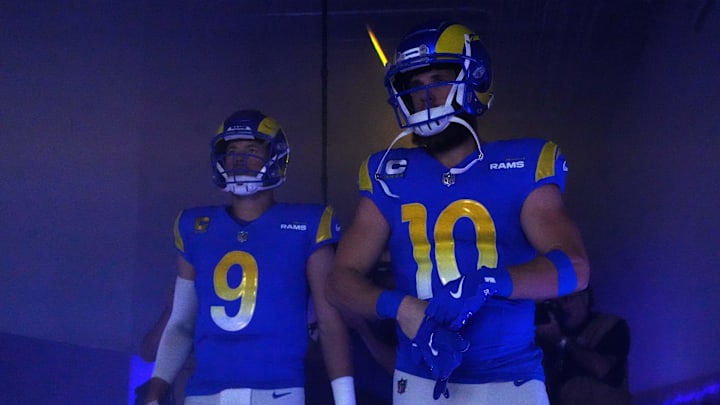 Dec 17, 2023; Inglewood, California, USA; Los Angeles Rams quarterback Matthew Stafford (9) and wide receiver Cooper Kupp (10) enter the field before the game against the Washington Commanders at SoFi Stadium. Mandatory Credit: Kirby Lee-Imagn Images