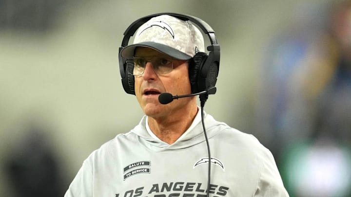 Nov 25, 2024; Inglewood, California, USA; Los Angeles Chargers coach Jim Harbaugh reacts against the Baltimore Ravens in the first half at SoFi Stadium. Mandatory Credit: Kirby Lee-Imagn Images