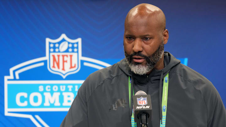 Feb 25, 2025; Indianapolis, IN, USA; Detroit Lions general manager Brad Holmes speaks during the NFL Scouting Combine at the Indiana Convention Center. Mandatory Credit: Kirby Lee-Imagn Images