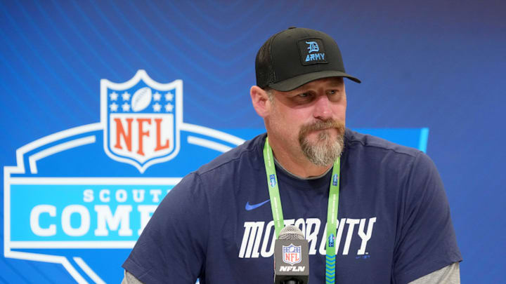 Feb 25, 2025; Indianapolis, IN, USA; Detroit Lions coach Dan Campbell speaks during the NFL Scouting Combine at the Indiana Convention Center.