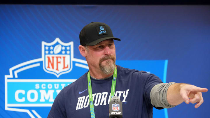 Feb 25, 2025; Indianapolis, IN, USA; Detroit Lions coach Dan Campbell speaks during the NFL Scouting Combine at the Indiana Convention Center. Mandatory Credit: Kirby Lee-Imagn Images
